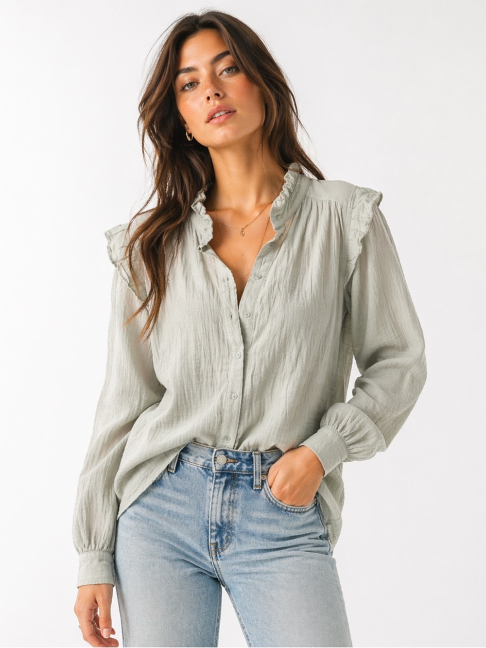 H&M Size Small Oversized Sage‎ Button-Up Blouse with Ruffle Long Sleeves